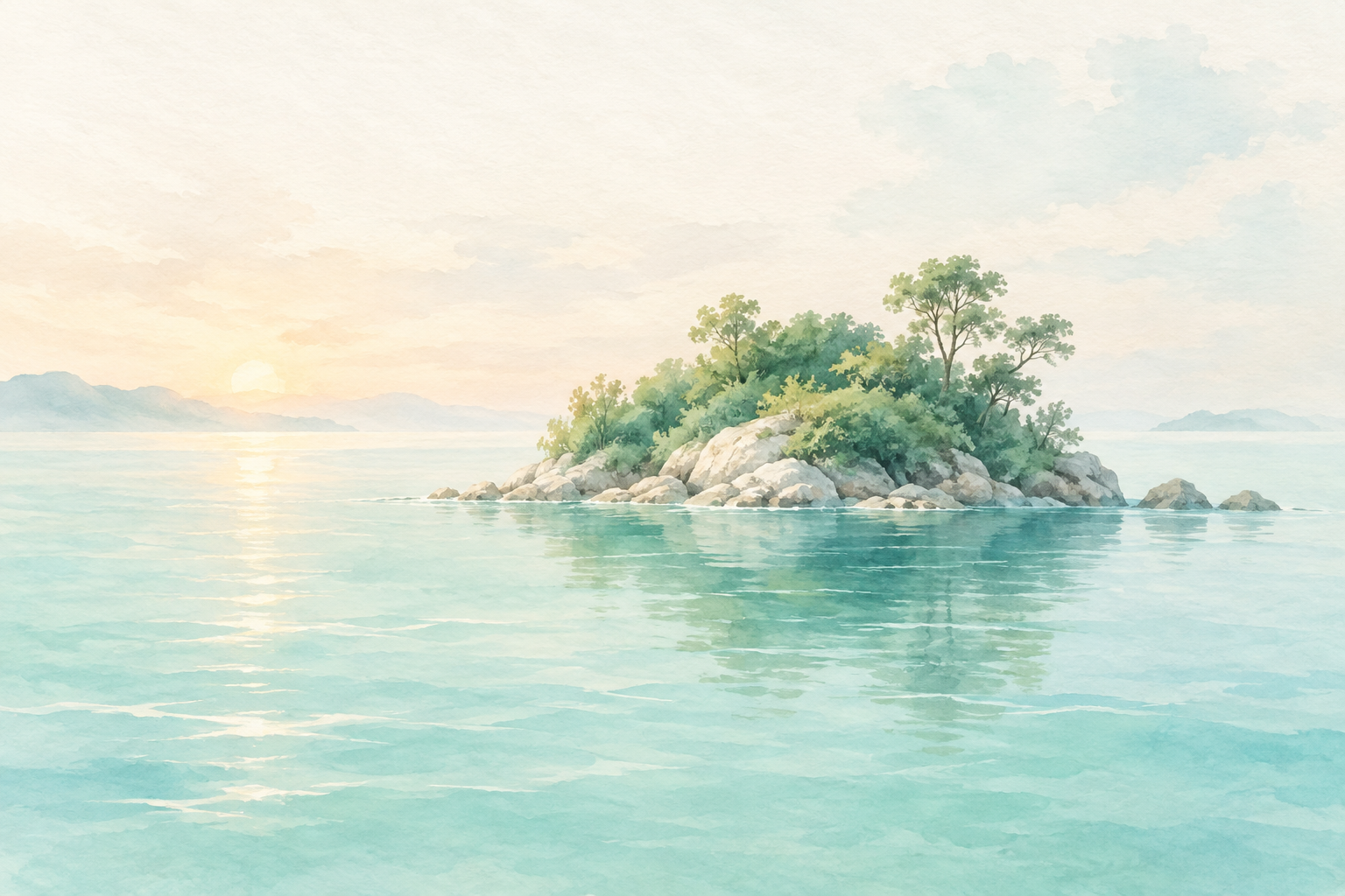 浅绿色的小岛静静坐落在清澈的水面上